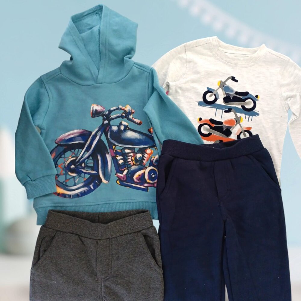 Toddler Boys Athletic Outfit 4-Set Vintage Motorcycle Graphic, Hoodie & Joggers
